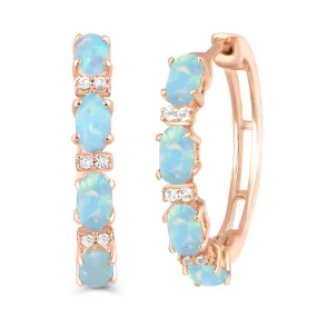 Jewelili 14K Rose Gold Over Sterling Silver with Oval Cut Created Opal and Round Created White Sapphire Hoop Earrings