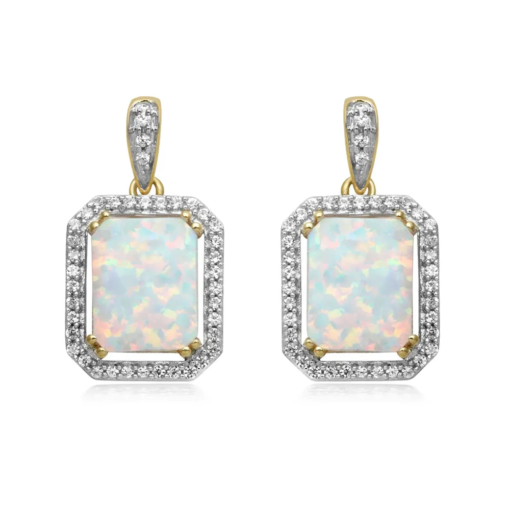 Jewelili 14K Yellow Gold Over Sterling Silver with Octagon Created Opal and Round Created White Sapphire Dangle Earrings