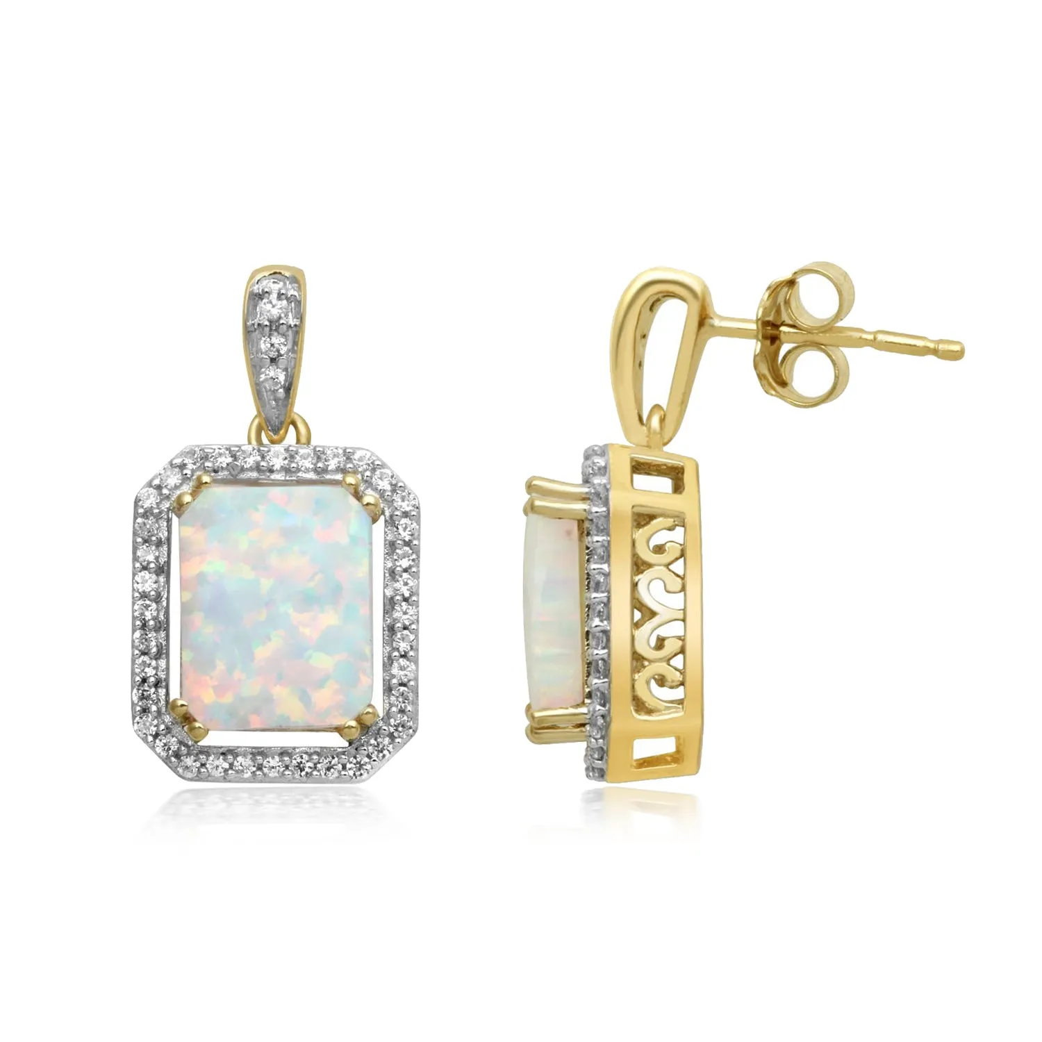 Jewelili 14K Yellow Gold Over Sterling Silver with Octagon Created Opal and Round Created White Sapphire Dangle Earrings