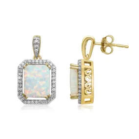 Jewelili 14K Yellow Gold Over Sterling Silver with Octagon Created Opal and Round Created White Sapphire Dangle Earrings