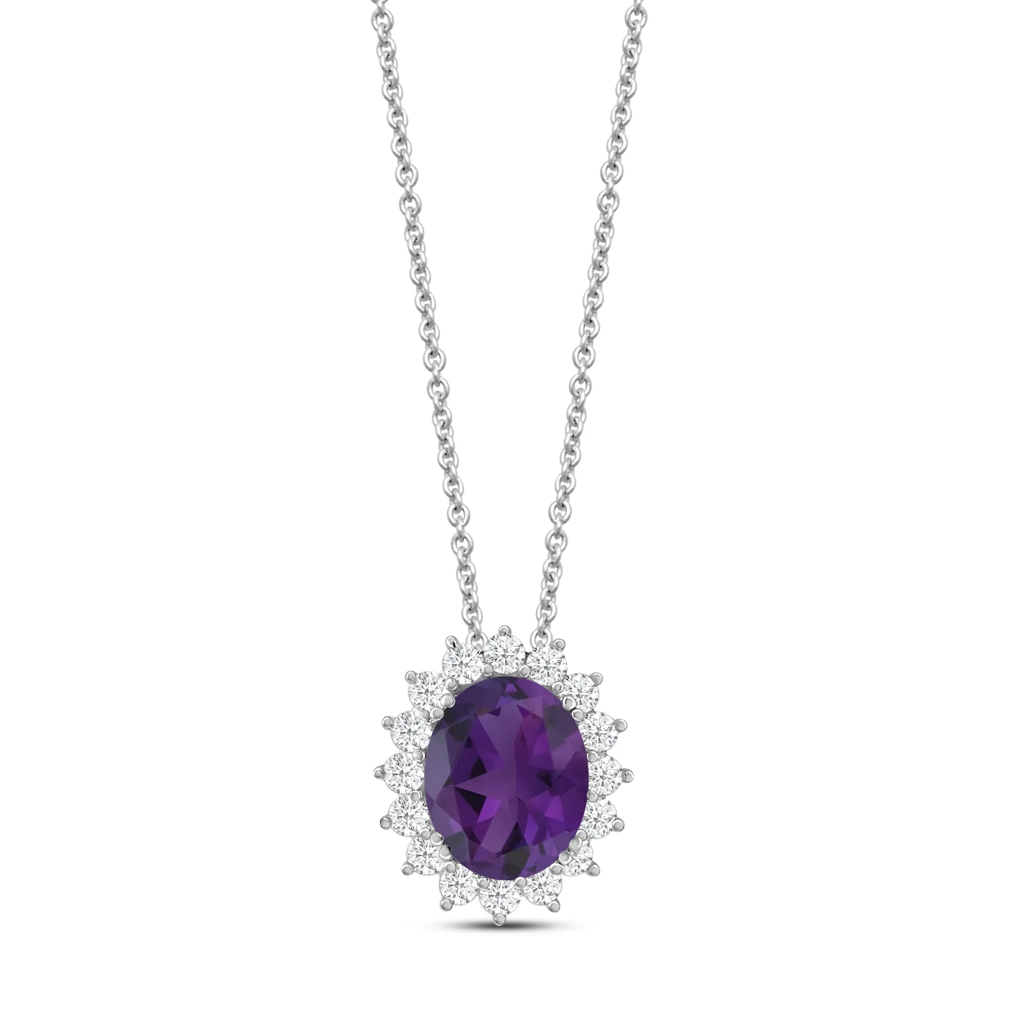 Jewelili Sterling Silver with Genuine Amethyst and Created White Sapphire Halo Pendant Necklace