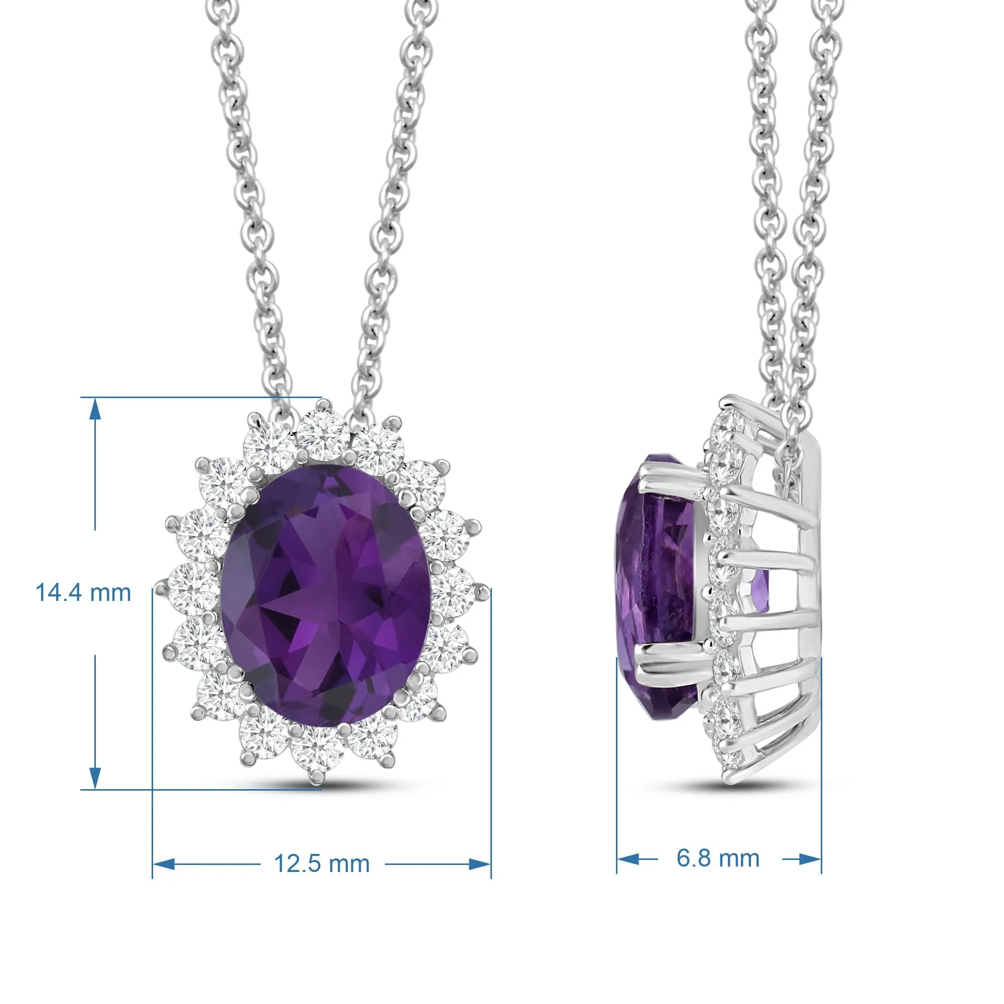 Jewelili Sterling Silver with Genuine Amethyst and Created White Sapphire Halo Pendant Necklace