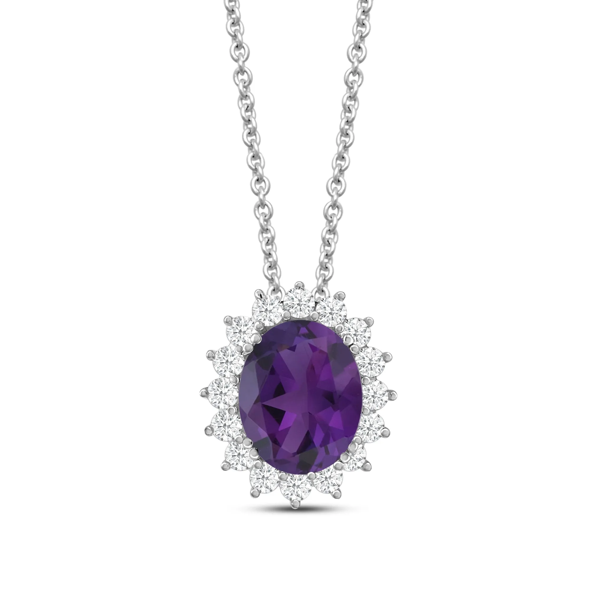 Jewelili Sterling Silver with Genuine Amethyst and Created White Sapphire Halo Pendant Necklace