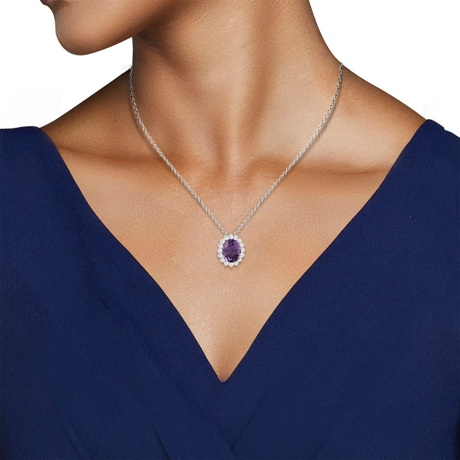 Jewelili Sterling Silver with Genuine Amethyst and Created White Sapphire Halo Pendant Necklace