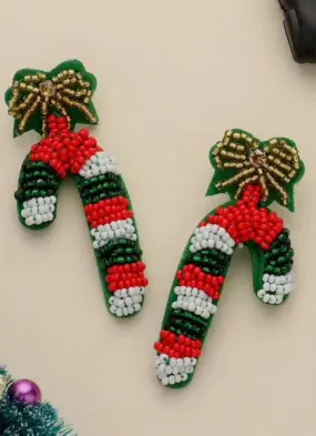 Jewelry - Felt Back Seed Beaded Christmas Candy Cane Dangle Earrings