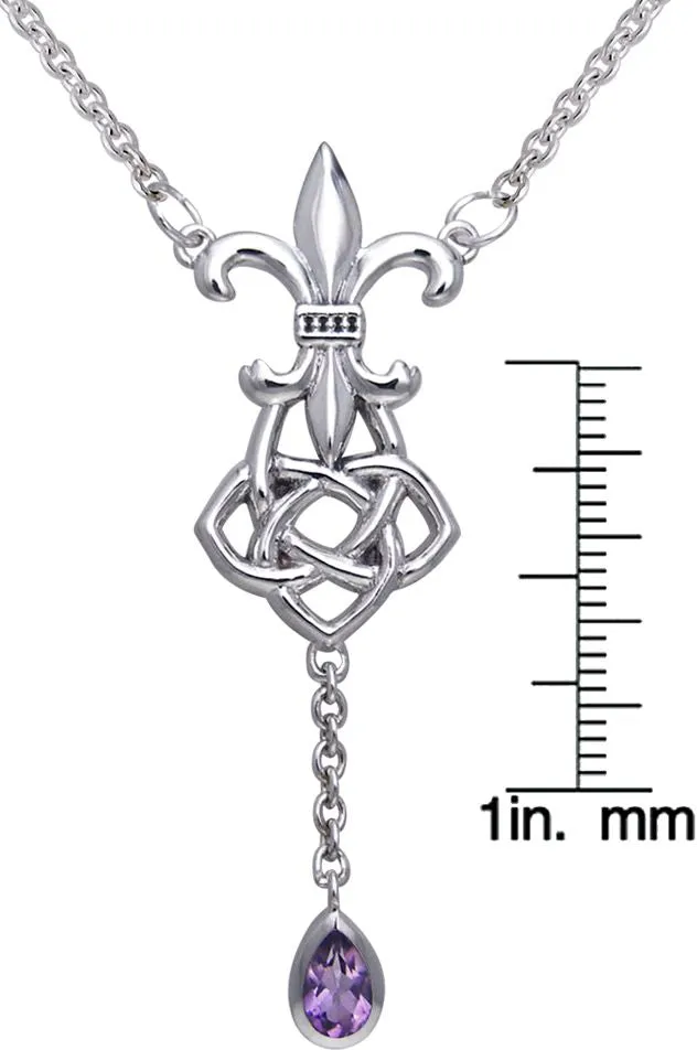 Jewelry Trends Sterling Silver Fleur De Lis Celtic Knot Pendant with Amethyst Drop on Link Chain Necklace