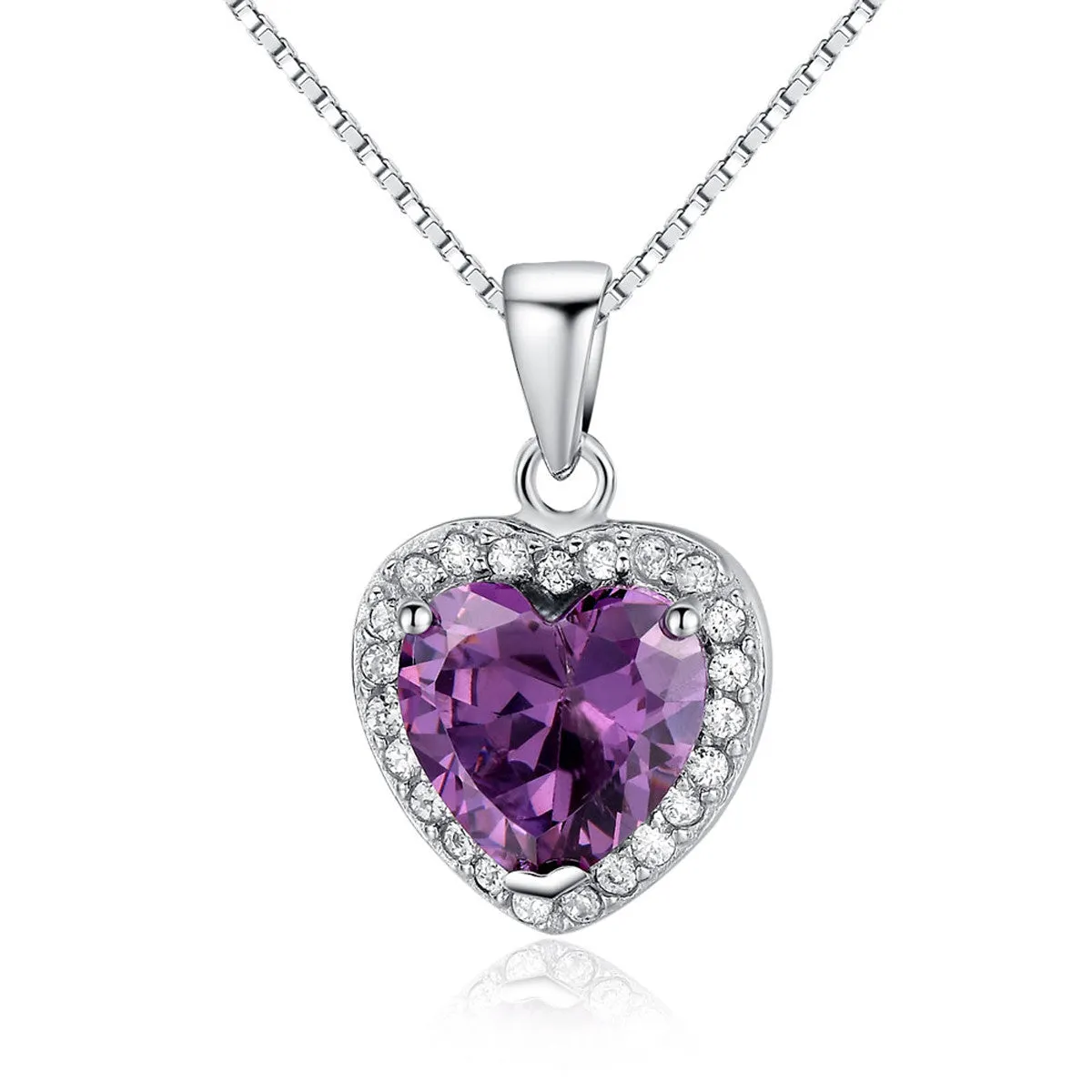 Jewelry Trends Sterling Silver Purple CZ Crystal Heart Pendant with Pave CZ Crystals on Box Chain Necklace Prom Jewelry