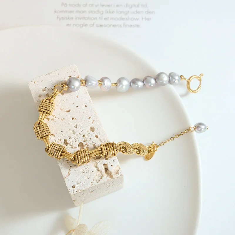 Knot Chain Stitching Grey Freshwater Pearl Bracelet