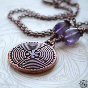 Labyrinth Pendant Necklace in Copper with Amethyst