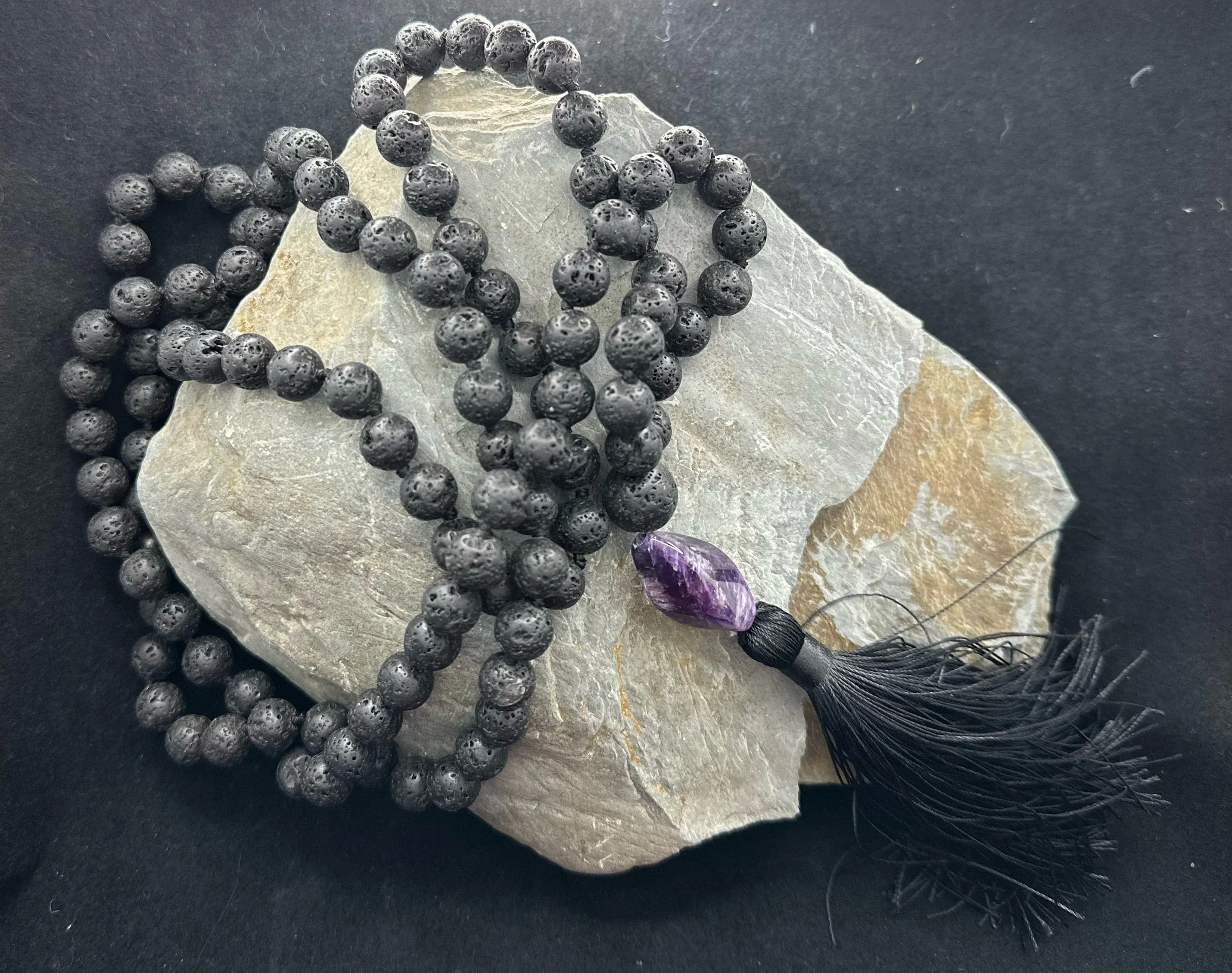 Lava Rock and Amethyst Mala- 108 beads