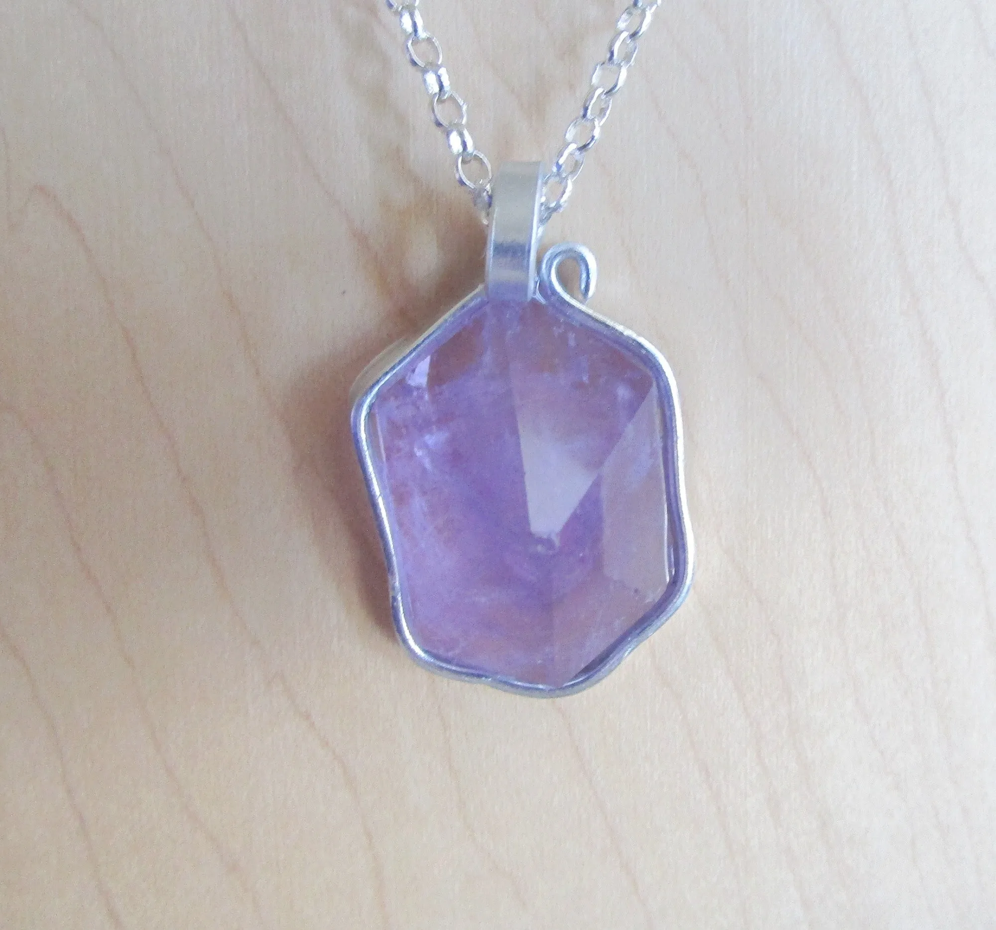 Lavender Amethyst Natural Carved Hexagon Crystal Pendant Necklace