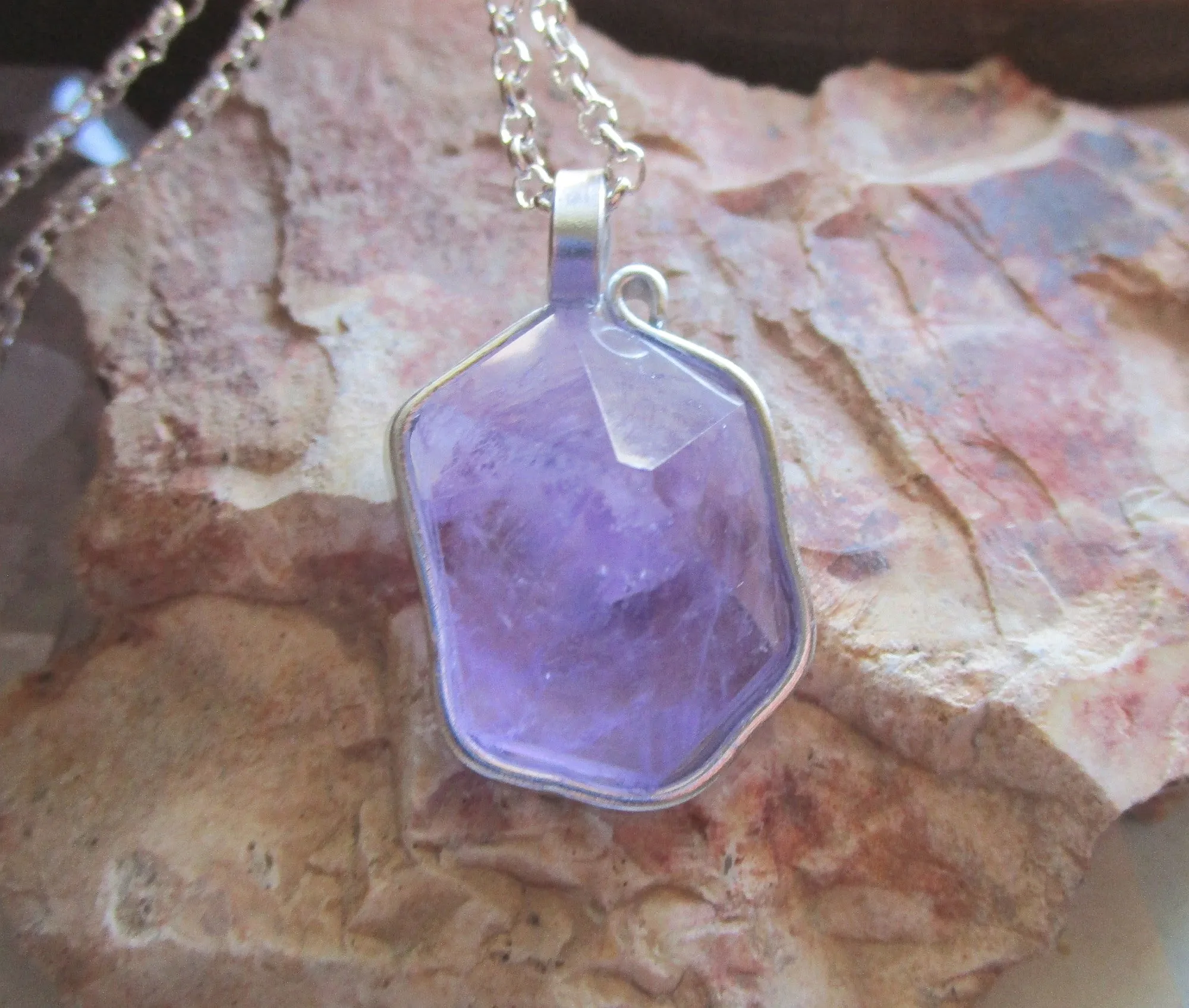 Lavender Amethyst Natural Carved Hexagon Crystal Pendant Necklace