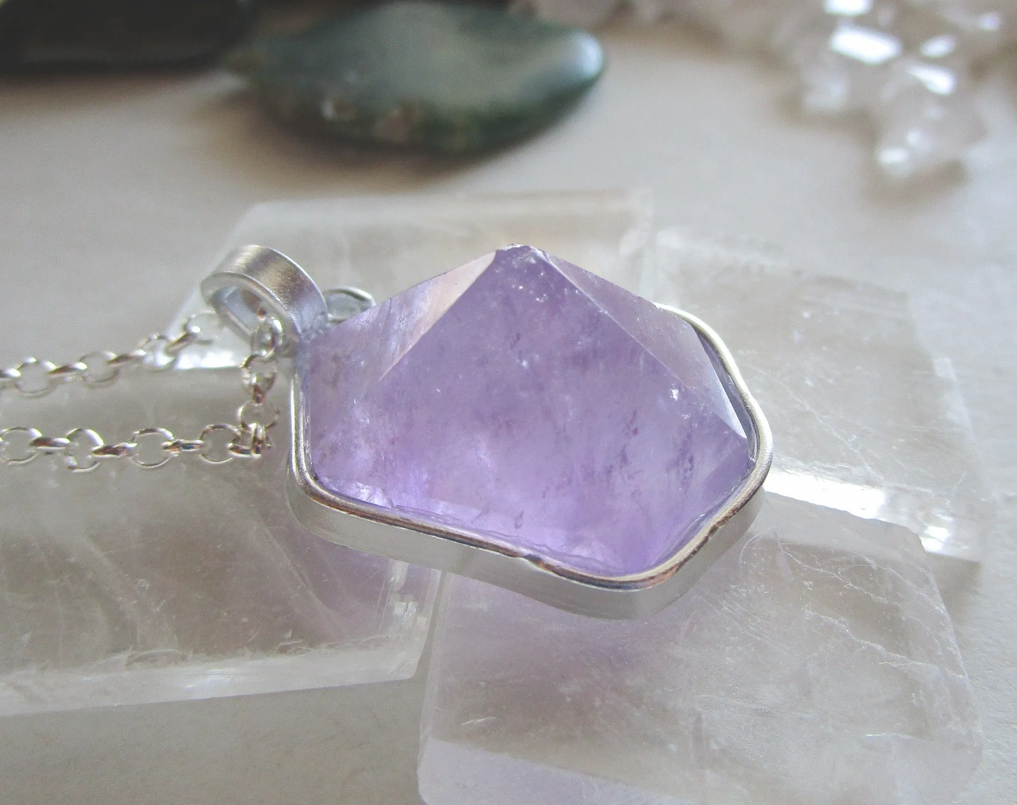 Lavender Amethyst Natural Carved Hexagon Crystal Pendant Necklace