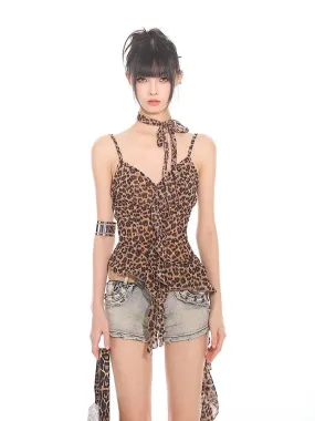 Leopard Print Asymmetric Camisole With Choker