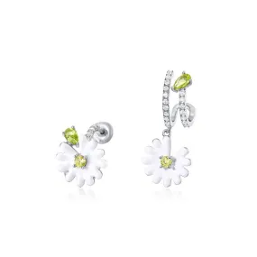 Little Daisy Olive Green Zircon Asymmetric Sterling Silver Earrings