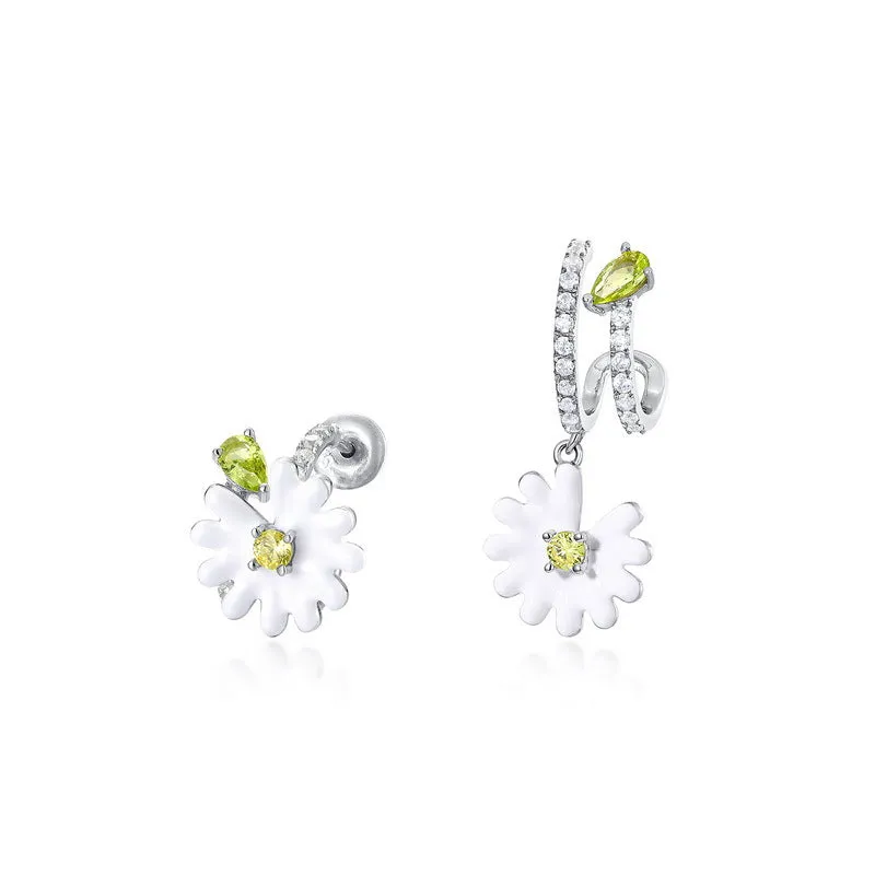 Little Daisy Olive Green Zircon Asymmetric Sterling Silver Earrings