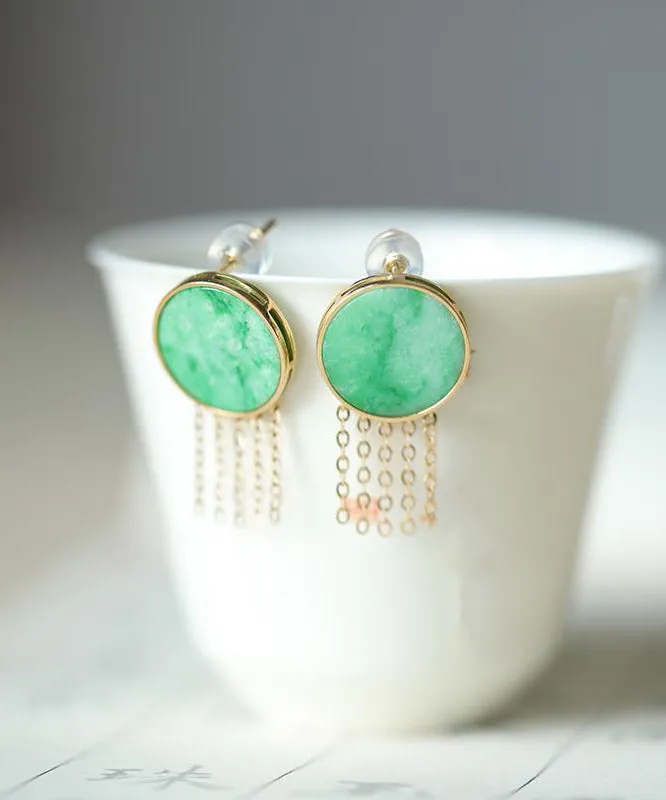 Loose Green Sterling Silver Overgild Jade Tassel Stud Earrings QU042