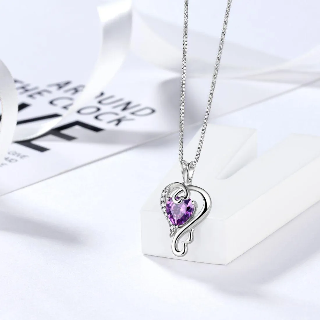 Love Heart Birthstone February Amethyst Necklace Pendant Women Girls Jewelry Birthday Gift