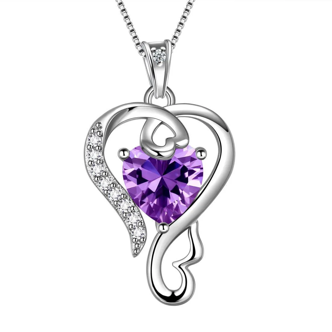 Love Heart Birthstone February Amethyst Necklace Pendant Women Girls Jewelry Birthday Gift