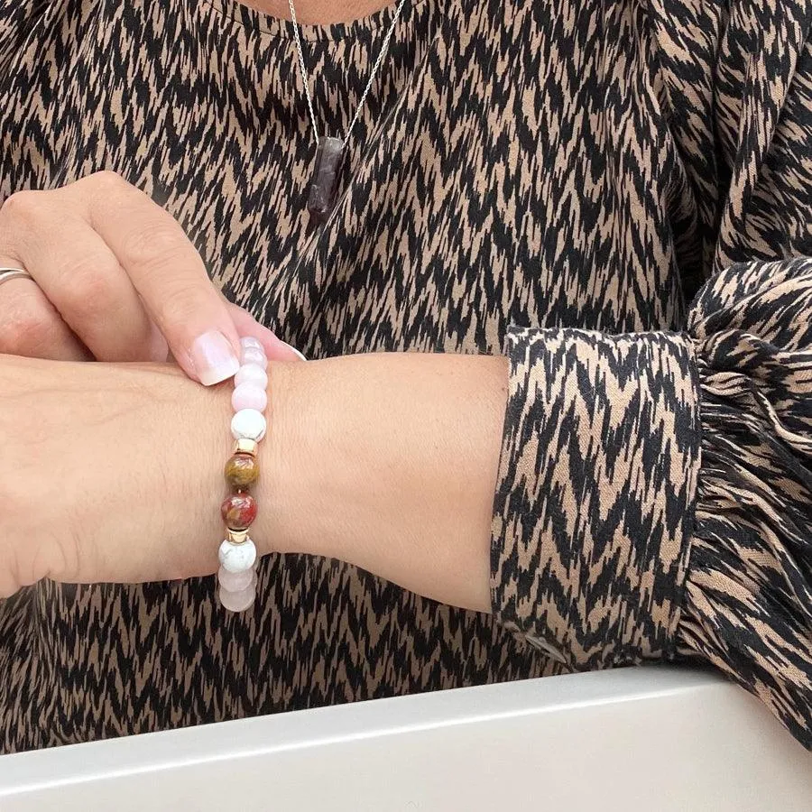 Love's Quiet Wisdom - Rose Quartz, Petrified Wood and White Howlite Bracelet 8mm