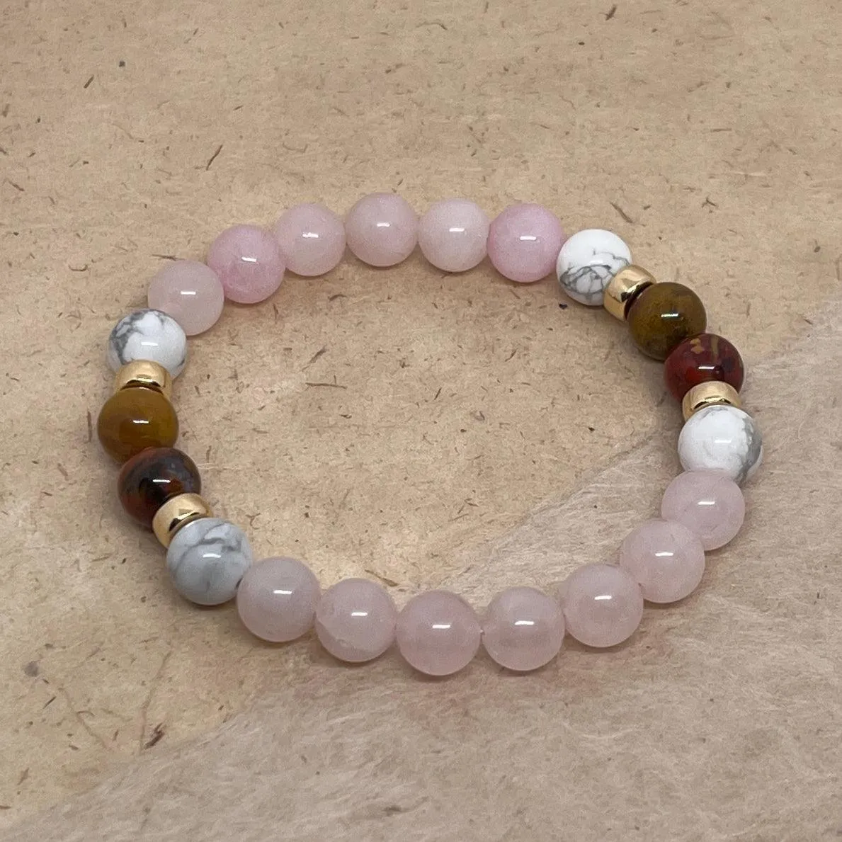 Love's Quiet Wisdom - Rose Quartz, Petrified Wood and White Howlite Bracelet 8mm