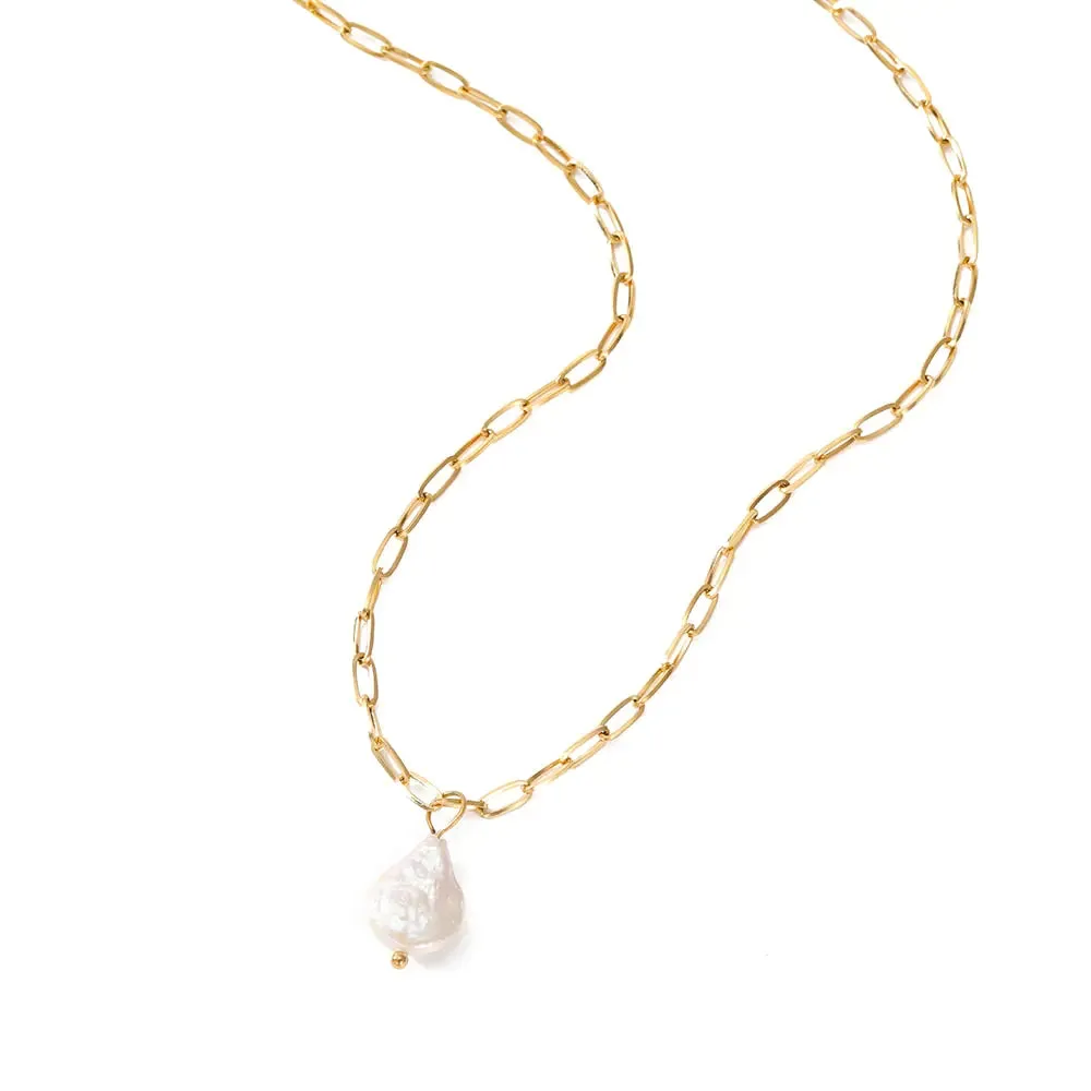 Luxurious Rectangle Link Chain Fresh Water Pearl Necklace