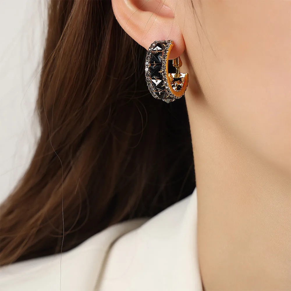 Luxury Black Zircon Geometric Earrings in Hollow Copper - High Fashion Jewelry