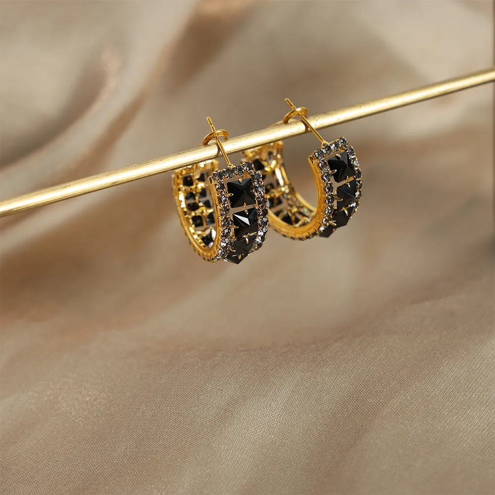 Luxury Black Zircon Geometric Earrings in Hollow Copper - High Fashion Jewelry