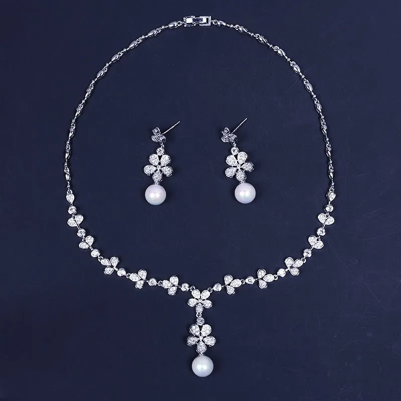 Luxy Moon Pearl Flower Pendant Cubic Zirconia Wedding Jewelry Sets For Women