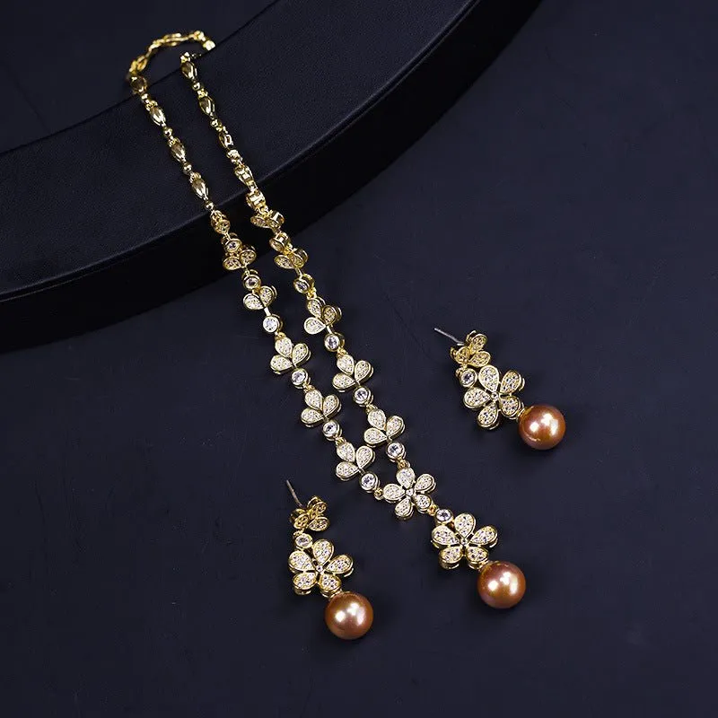 Luxy Moon Pearl Flower Pendant Cubic Zirconia Wedding Jewelry Sets For Women