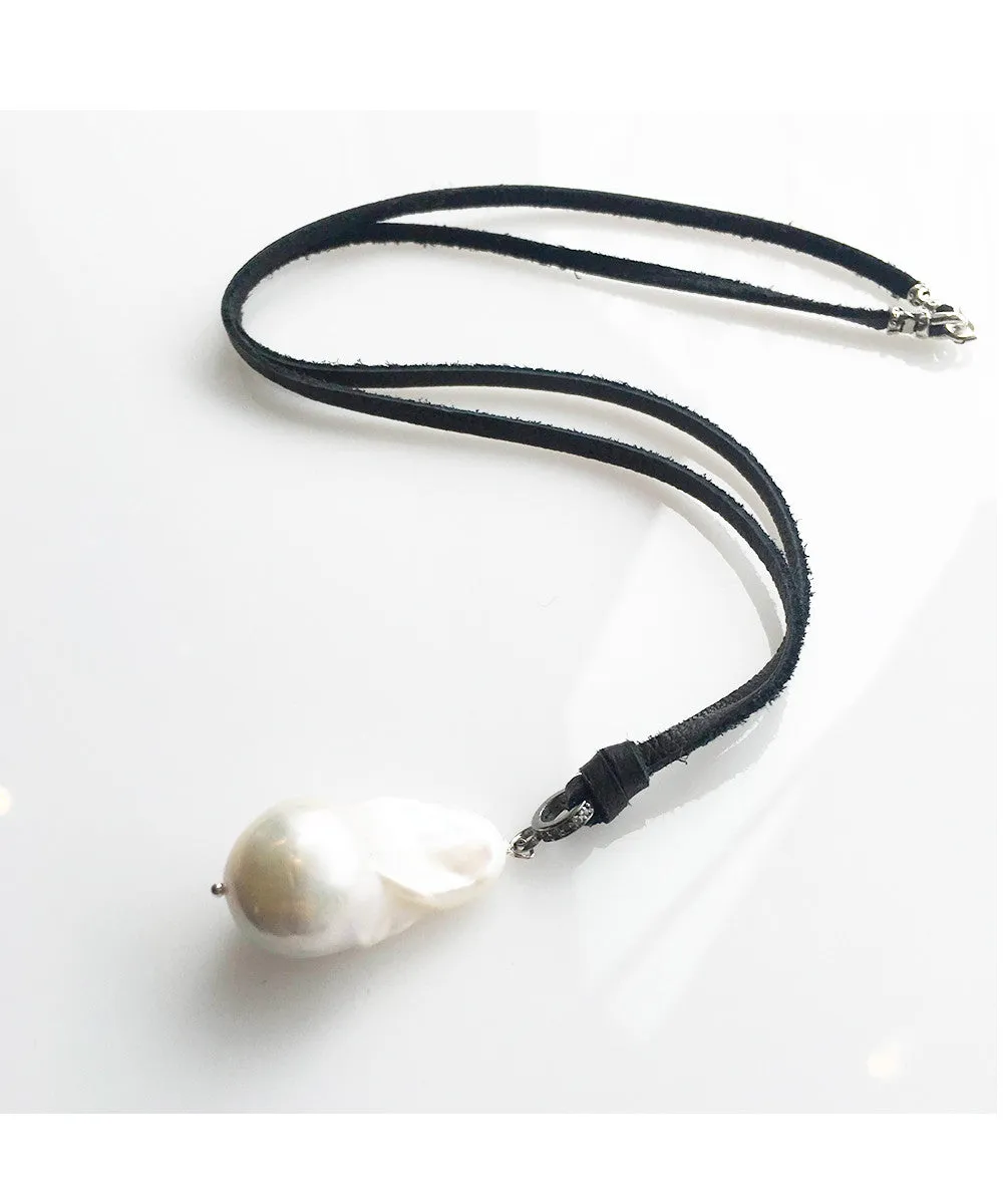 Margo Morrison White Baroque Pearl Drop necklace on Deerskin