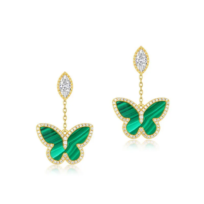 Marquise Shape Zircon Tassel Malachite Butterfly Pendant Sterling Silver Drop Earrings