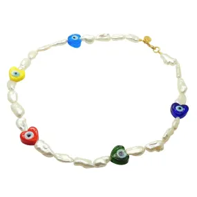 Maxi Multicolour Glass Evil Eye Heart Charms Freshwater Pearl Necklace