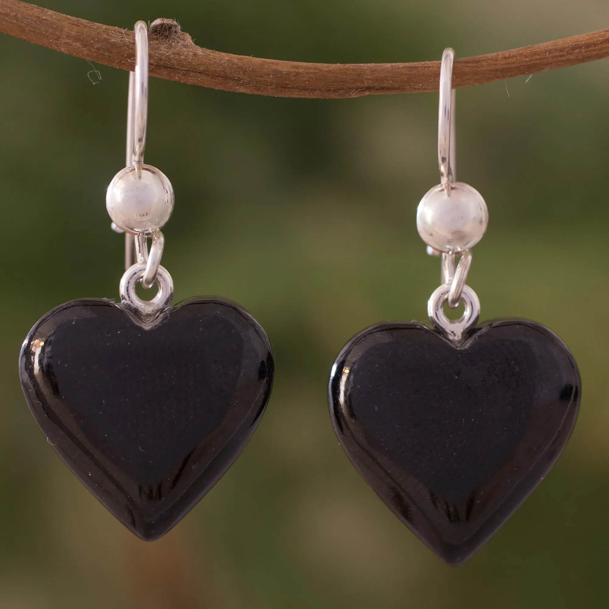 Mayan Heart in Black Black Heart Shaped Jade Silver Dangle Earrings Guatemala