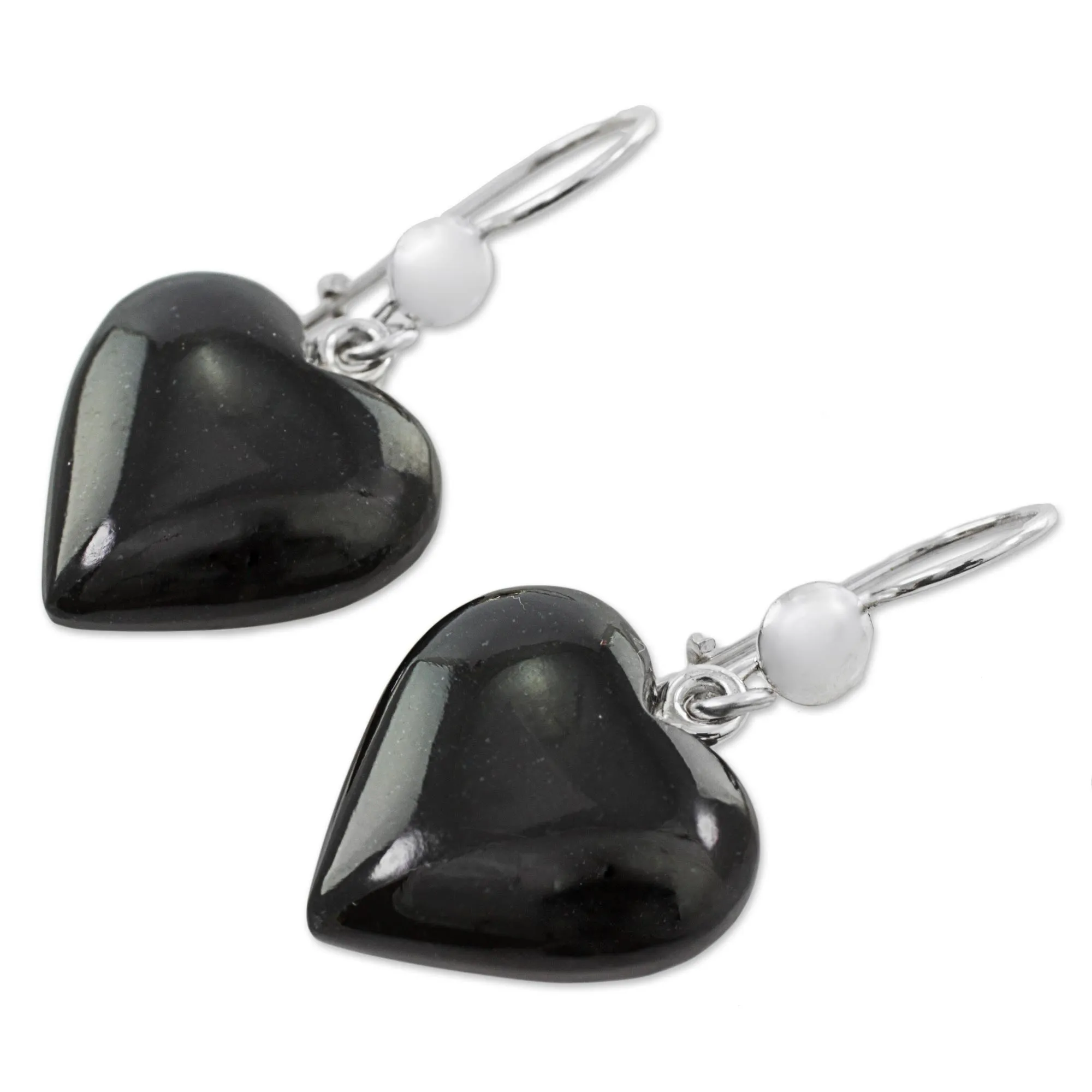 Mayan Heart in Black Black Heart Shaped Jade Silver Dangle Earrings Guatemala