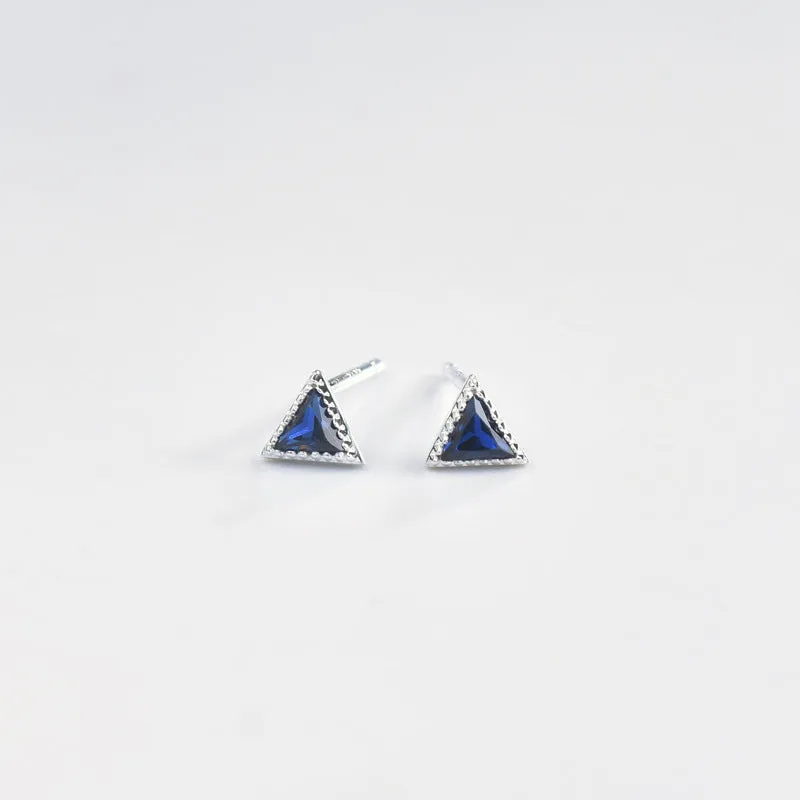 Mini Triangle Blue Zircon Silver Stud Earrings for Women