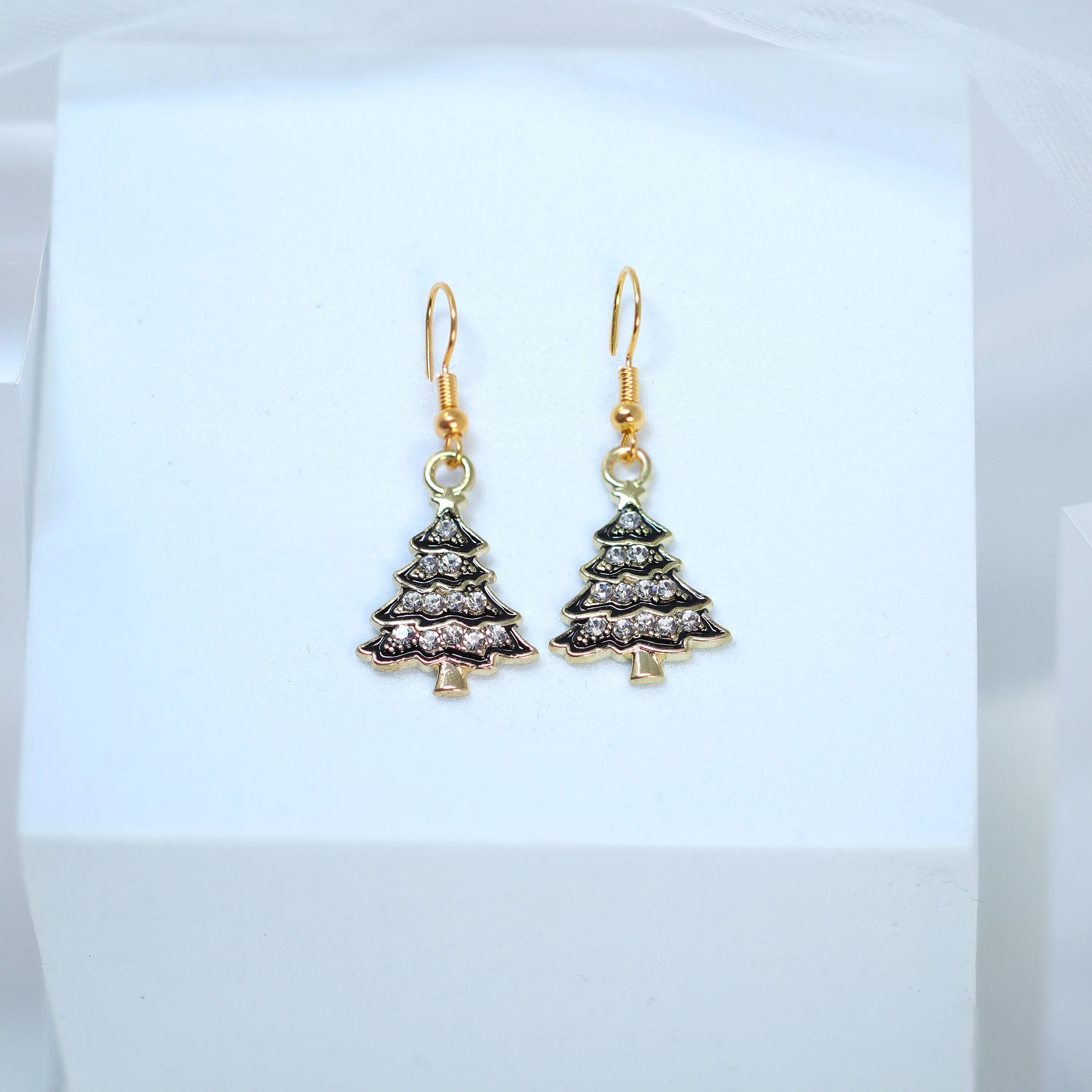 Minimalist Rhinestone Black Christmas Tree Dangle Earrings, Crystal Tree Earring, Statement Christmas Earring.