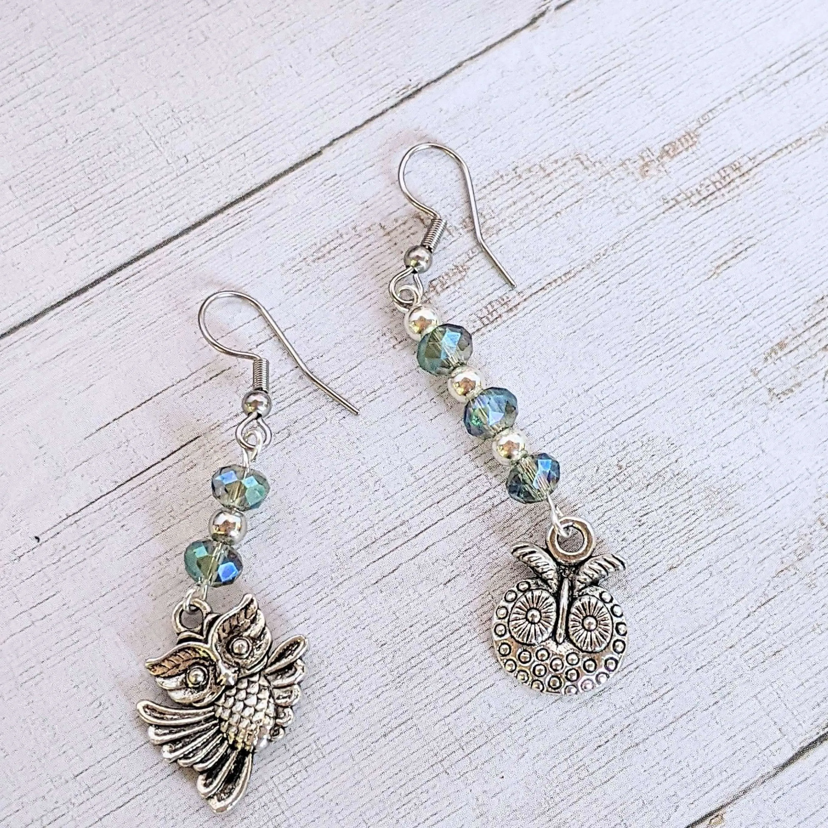 Mismatched Owl crystal hook earrings