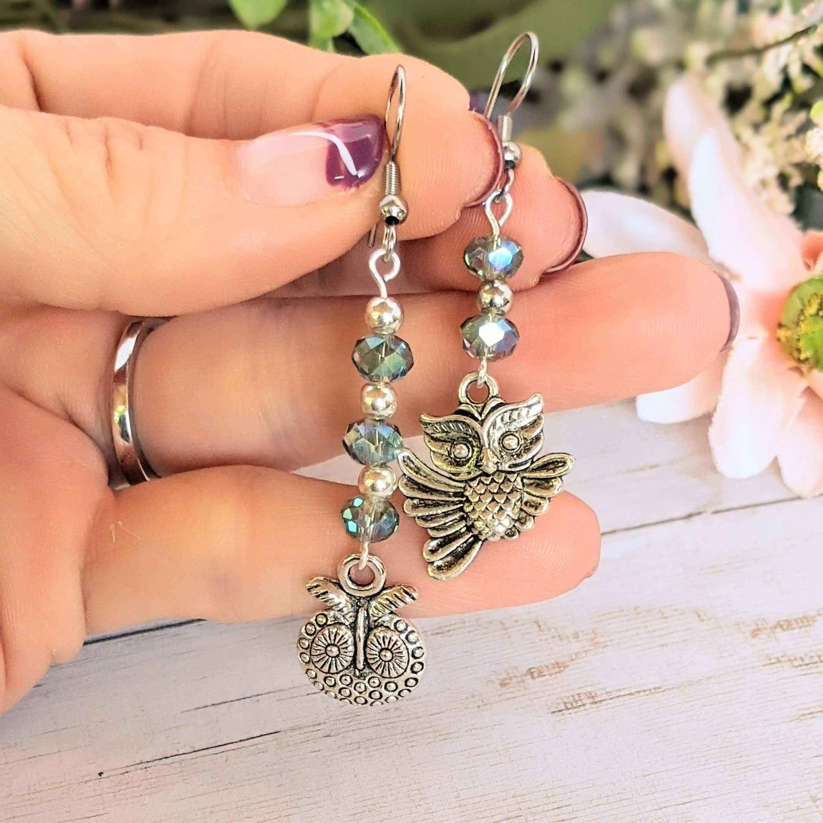 Mismatched Owl crystal hook earrings