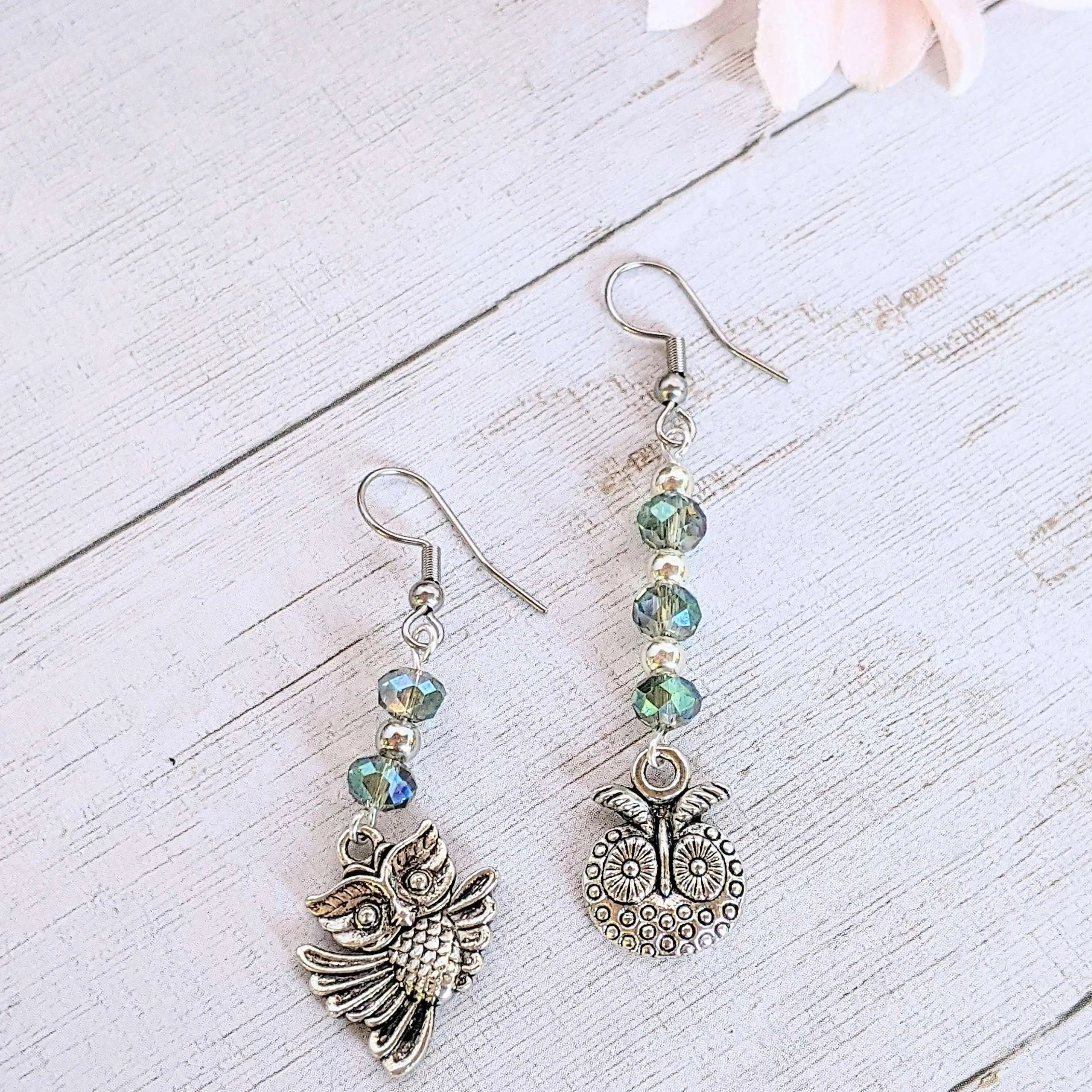 Mismatched Owl crystal hook earrings