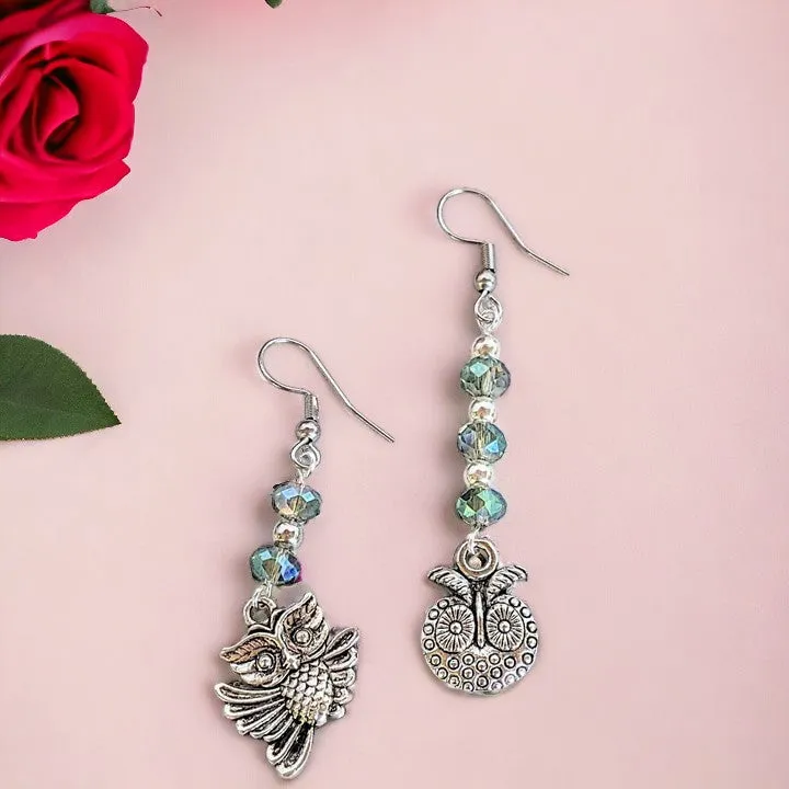 Mismatched Owl crystal hook earrings