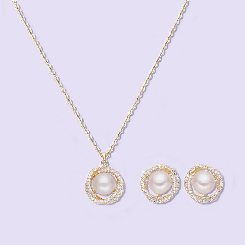 Mobius Circle Round Pearl Silver Necklace Earrings Set