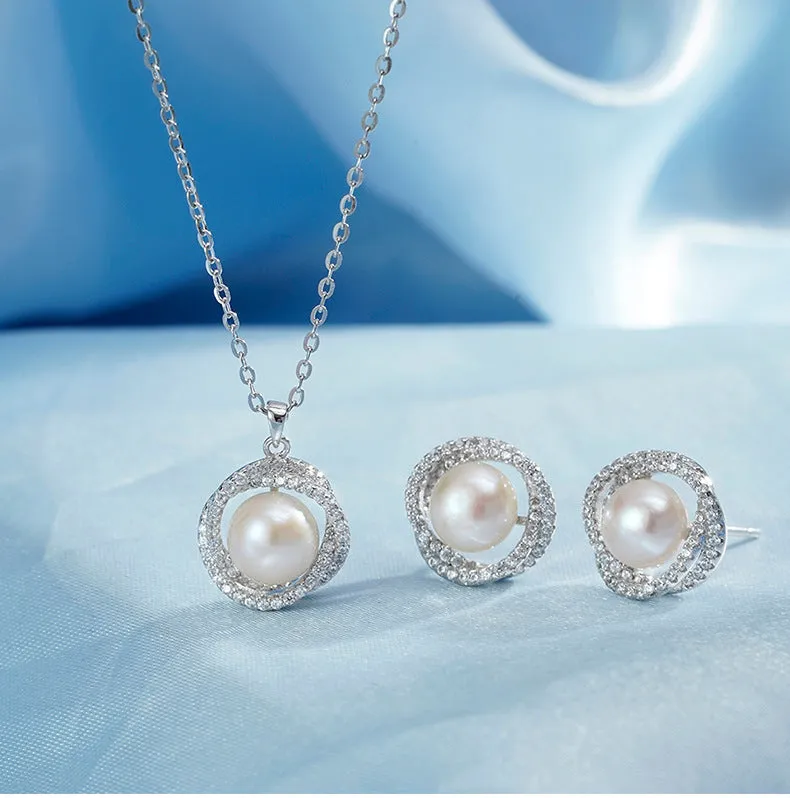 Mobius Circle Round Pearl Silver Necklace Earrings Set