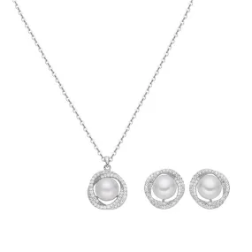 Mobius Circle Round Pearl Silver Necklace Earrings Set