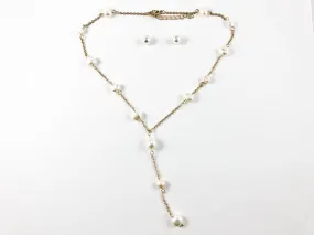 Modern Multi Pearl Strand Tie Design Gold Tone Necklace Earring Steel Set