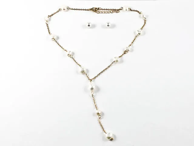 Modern Multi Pearl Strand Tie Design Gold Tone Necklace Earring Steel Set