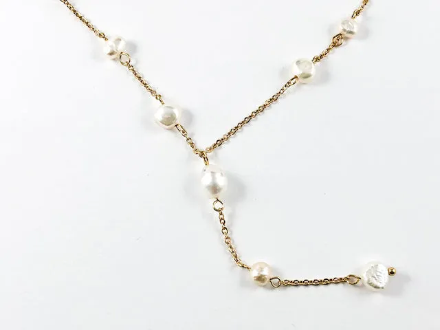 Modern Multi Pearl Strand Tie Design Gold Tone Necklace Earring Steel Set