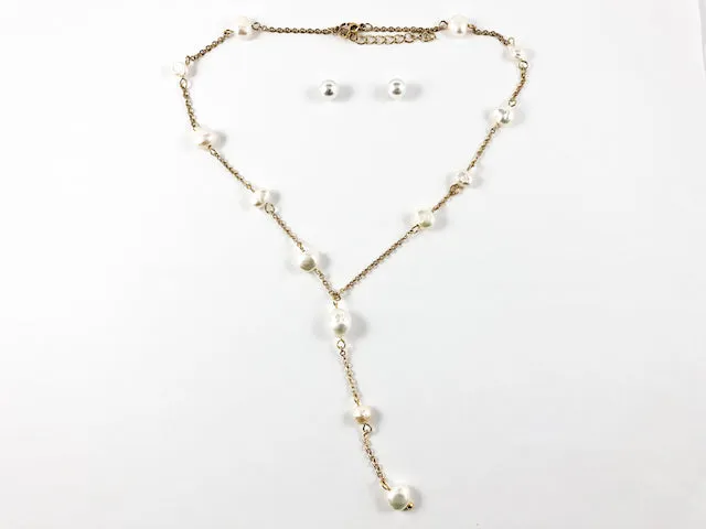 Modern Multi Pearl Strand Tie Design Gold Tone Necklace Earring Steel Set