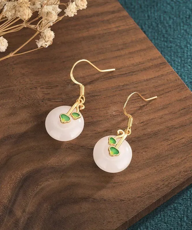 Modern White Jade Cloisonne Enamel Drop Earrings LY8542