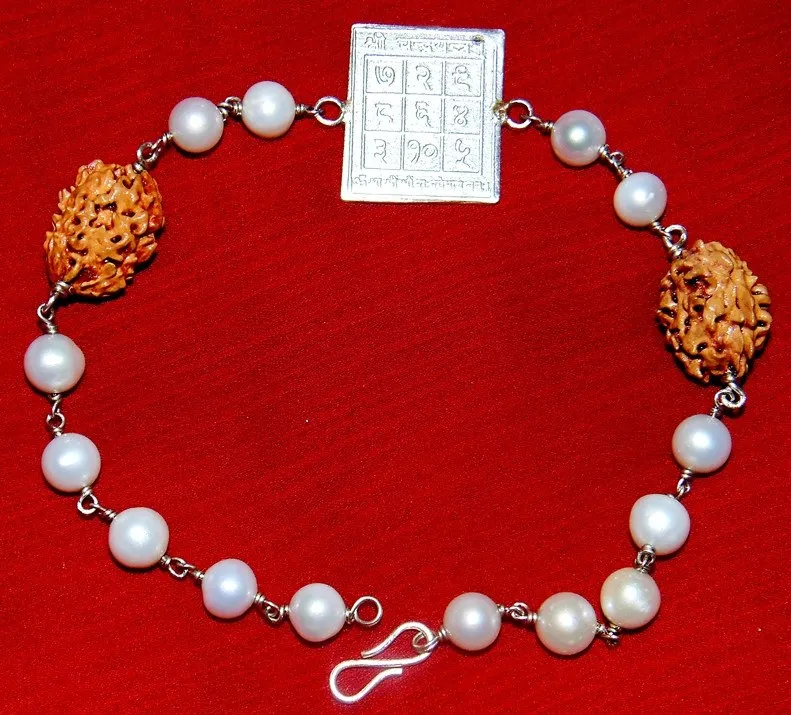 Moon (Chandra) yantra bracelet with 2 mukhi Rudrakshas and Pearl to pacify planet Moon